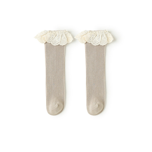 New  Korean-style children's socks for girls, suitable for spring and autumn, no-heel mid-calf socks with lace, versatile baby cotton socks
