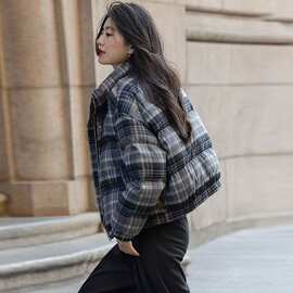 2026复古格子宽松立领小个子保暖棉服女短款学生外套冬季新款加厚