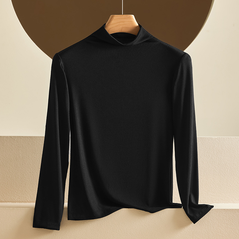 Otoño e invierno nueva camisa de fondo modal de cuello medio alto para mujer delgada de manga larga con ropa de otoño de color sólido