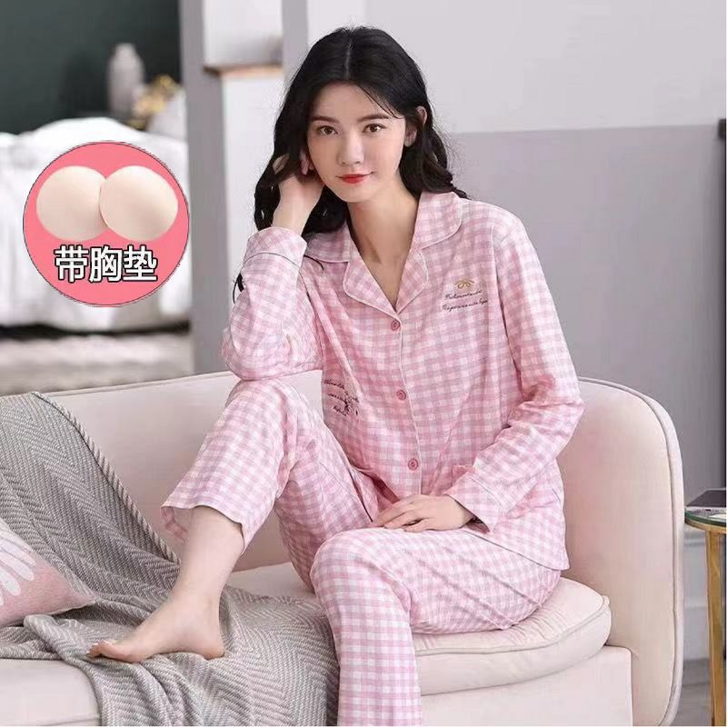 Pijamas de algodón 100% para mujer con almohadilla en el pecho, ropa para el hogar de primavera y otoño, 2023 nuevos pantalones de manga larga, conjunto de dos piezas para mamá