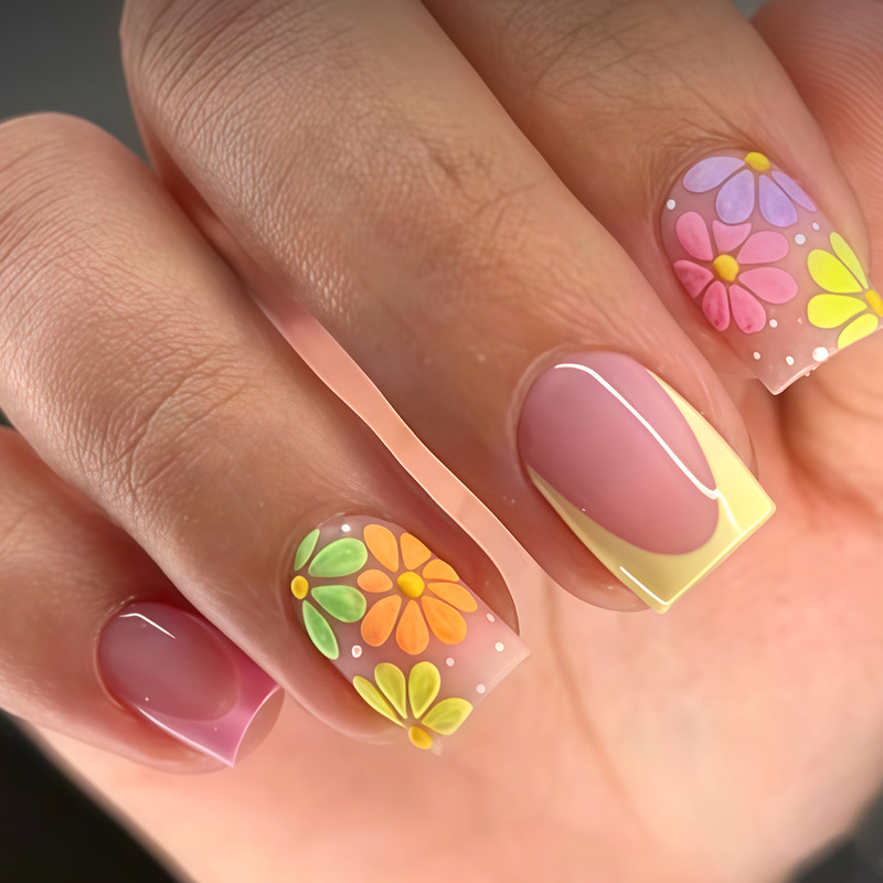 24-piece spring/summer floral nail set, cute purple, pink, yellow, French macaron color series, floral press-on nails