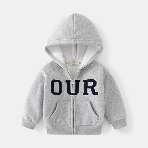 Fashionable autumn and winter new boys' fleece hooded jacket round tie lettered fleece casual long-sleeved zipper jacket