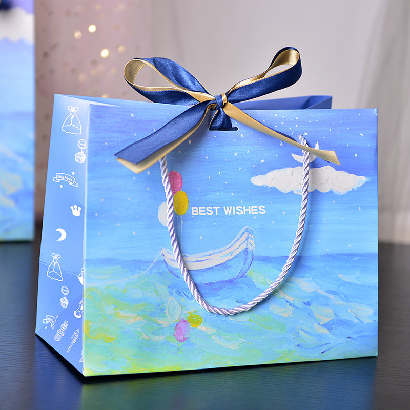 June Day Blue Boat and Sea Gift Bag Birthday Gift Bag Candy Packaging Bag Baking Shop Paper Bag Packaging Bag