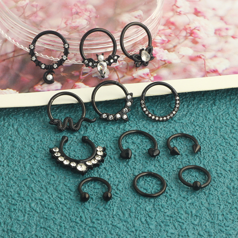 12Pcs Stainless Steel Open Nose Ring Set European American Bat Zircon Earrings Nose Stud Piercing Jewelry detail image 8