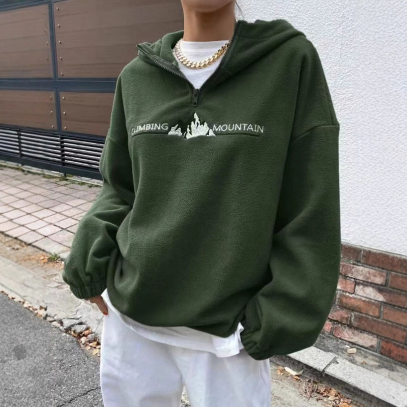 European and American Cross-Border Amazon Independent Station Women's Plush Hooded Zipper Sweatshirt Embroidered Polar Fleece Sweatshirt