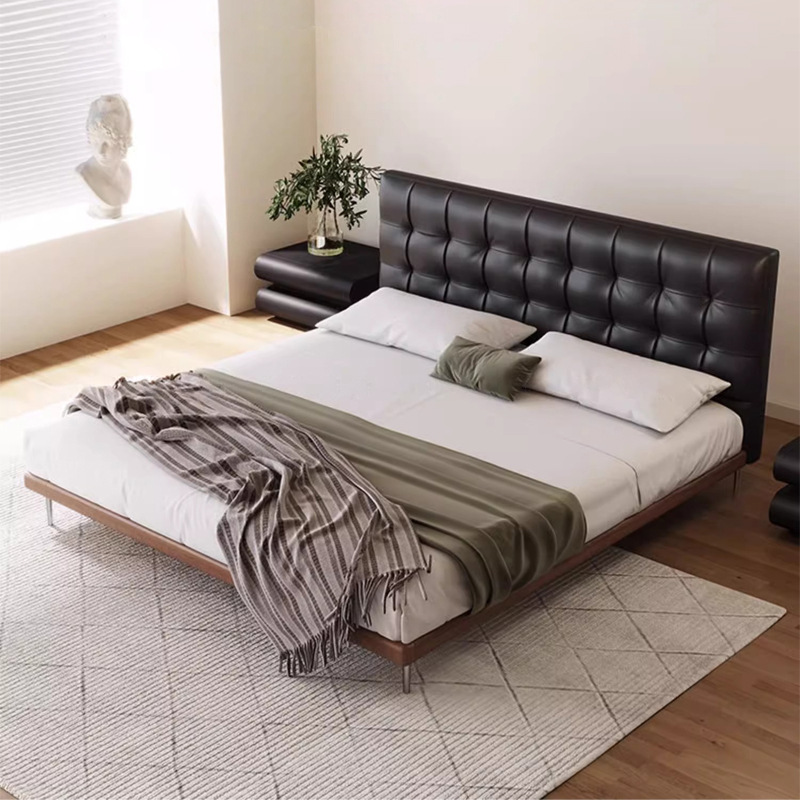 Camas de cuero minimalistas italianas, camas de waffle negras modernas y simples, camas de casado retrógradas, camas de cama de lado, camas de nube