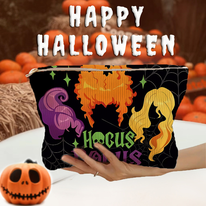 SHEINアマゾンTEMUハロウィーンカボチャ幽霊模様コーデュロイジッパー収納袋軽量化粧バッグ|undefined
