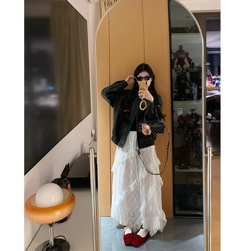 Ретро юбка из твила с кружевом для женщин, ранняя весна, белая, с эластичной талией, утягивающая, сетчатая, А-силуэт, длинная юбка, юбка-тортик