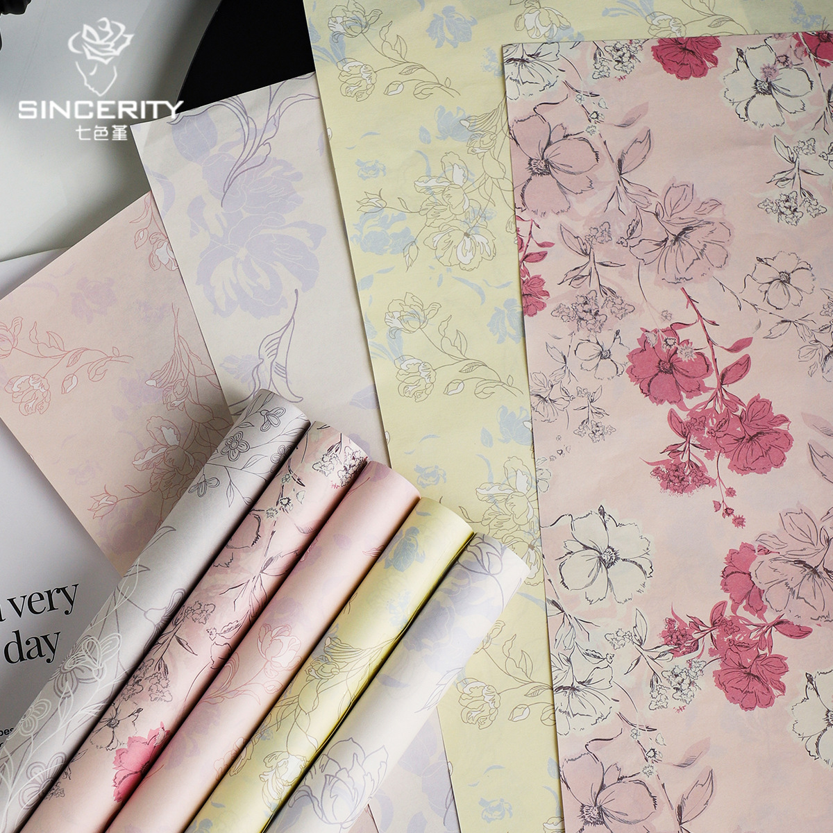 Los siete colores cordier que florecen en el año engrosado papel de embalaje floral impresión de embalaje floral papel de moda DIY ramo material floral