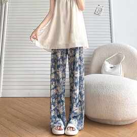 跨境小雏菊扎染冰丝阔腿裤女夏季新款垂感宽松高级百搭百褶直筒裤