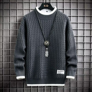 Fake two-piece sweater men's autumn and winter twist sweater round neck men's fashion brand loose all-match bottoming sweater coat