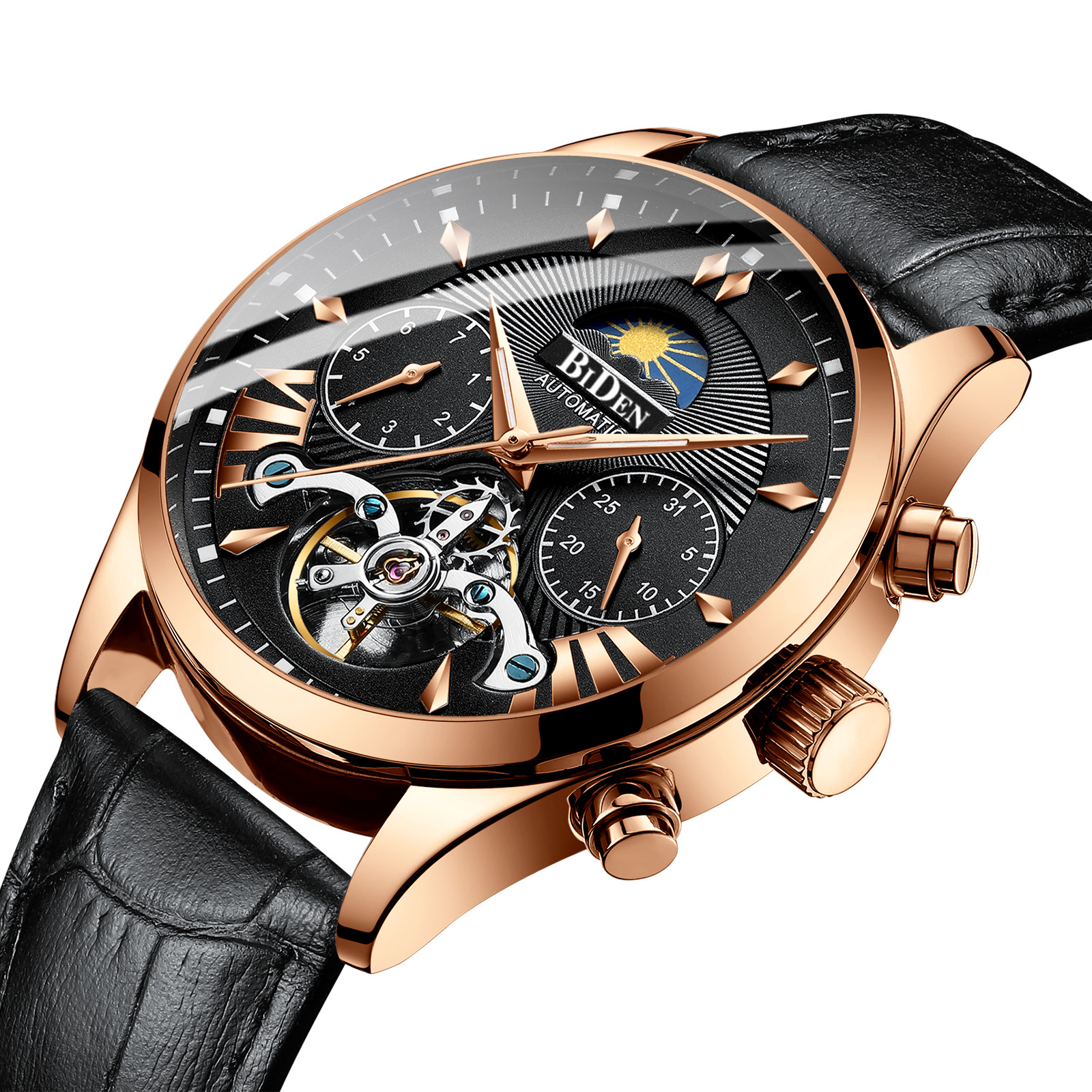BIDEN Men's Multifunctional Sun Moon Star Mechanical Fashion Business Luminous Waterproof Watch Factory Direct Sale_voghion.com
