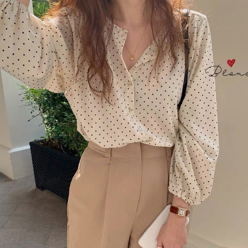 Shirt top, niche lantern loose chiffon, youthful long sleeve women's polka dot