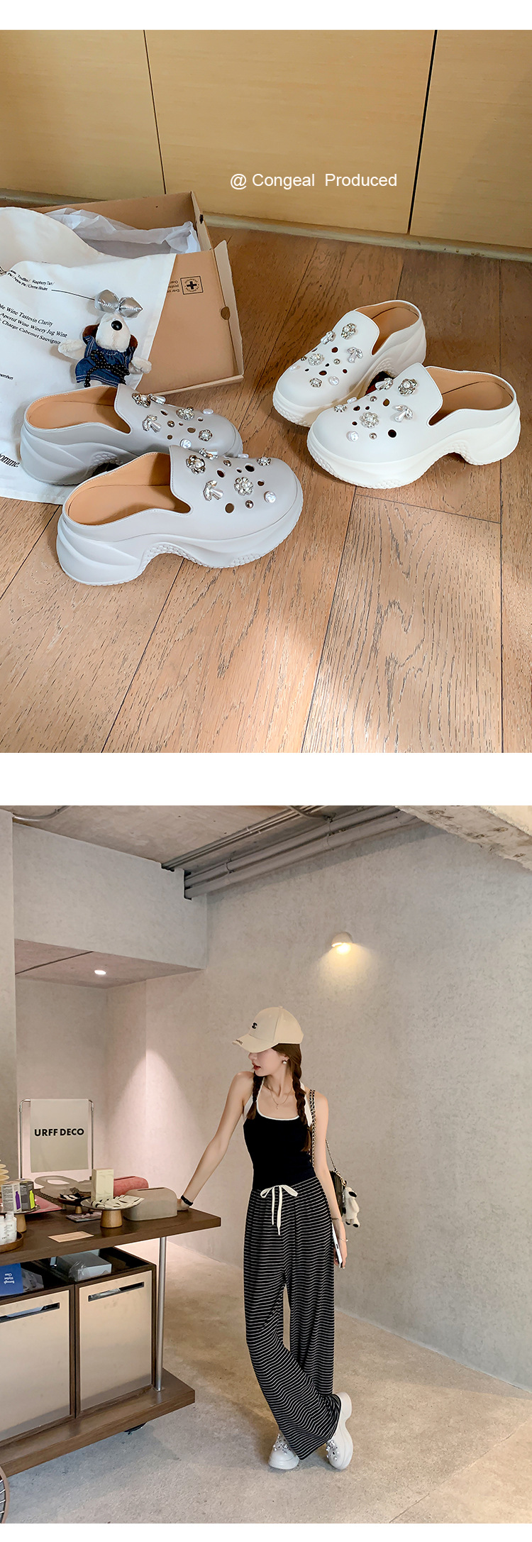 Dép lê bít mũi độn cao da thật 7cm cho nữ, phong cách sandal lỗ xốp mùa hè, đính ngọc trai đinh tán — Màu trắng, Màu xám chi tiết 18