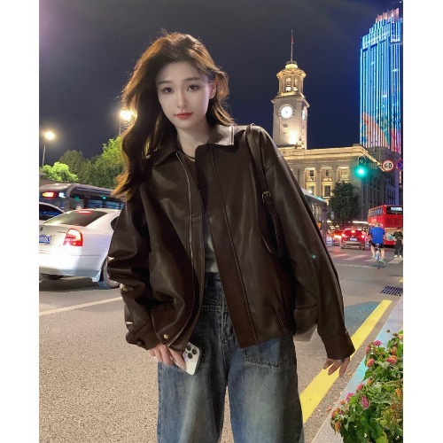 美式复古长袖皮衣外套女初秋季宽松翻领上衣小众设计感PU皮机车服|undefined