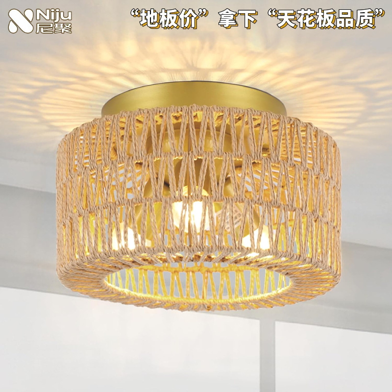 Cross-Border New Hall Embedded Rattan Ceiling Lamp Creative French Living Room Bedroom Dining Room Lighting Suction Lamp
