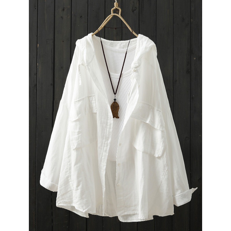 Solid Color Double-Layer Cotton Gauze Mid-Length Hooded Shirt for Women, Large Size Loose Casual Style with Large Pockets Cardigan