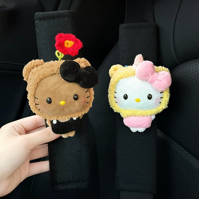 plush car seatbelt shoulder pad, Sürətlər qutusu və əl tormozu başlıqları - red-hat-with-black-leather-eyes-yellow-bear-hat-with-pink-white-leather-eyes-black-shoulder-pads-2