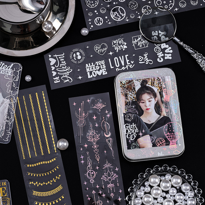 Flotante historia transparente pegatinas impermeables para mascotas diy libro diario estampado láser material estampado de plata pegatinas de tarjetas