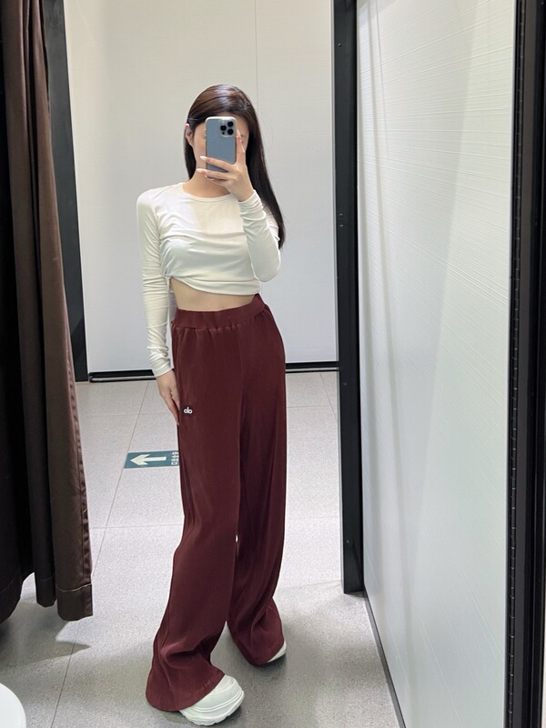 alo高腰直筒褶皱阔腿休闲裤宽松显瘦舒适轻盈透气裸感瑜伽女长裤|undefined