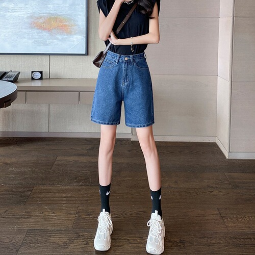 Trendy denim shorts for women 2022 summer loose and thin large size fat mm slimming a-line high-waisted straight-leg pants