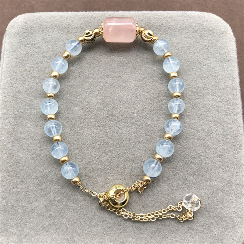 Badu Natural Crystal Bracelet Korean Version Temperament Pink Quartz Bucket Bead Hand Ornament Aquamarine Bracelet