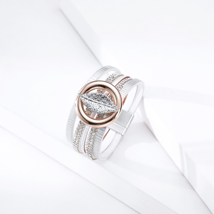 Bohemian Multilayer Hot Rhinestone Leaf Leather Bracelet