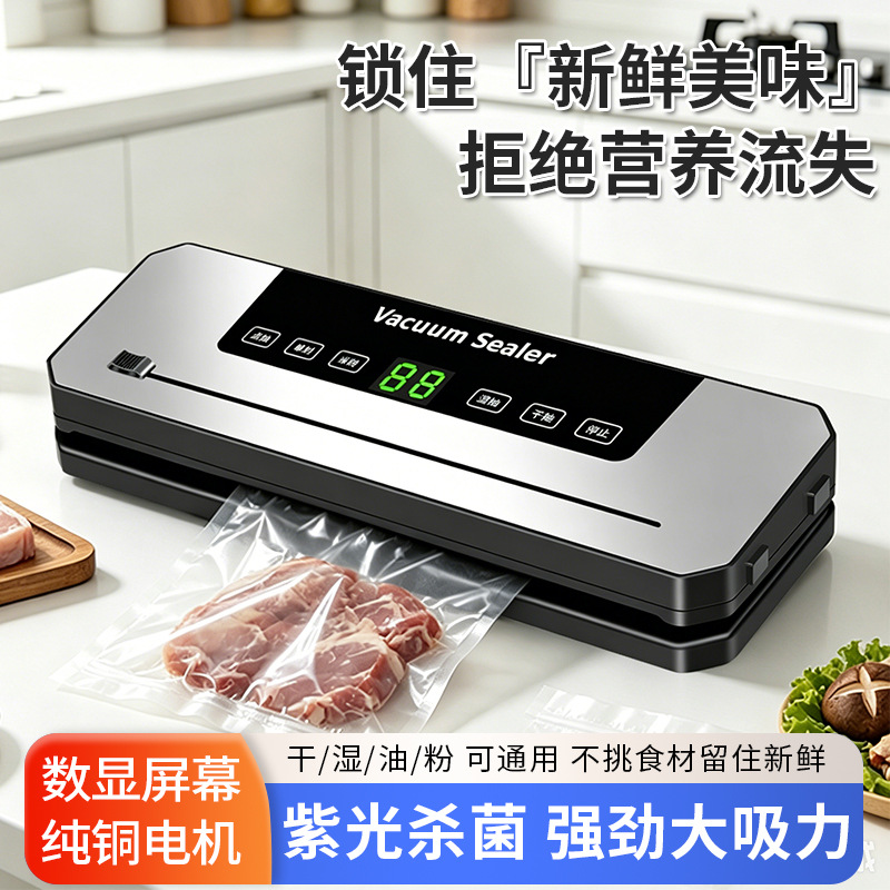 跨境自动抽真空封口机切刀家用干湿两用机厨房食材保鲜密封包装机