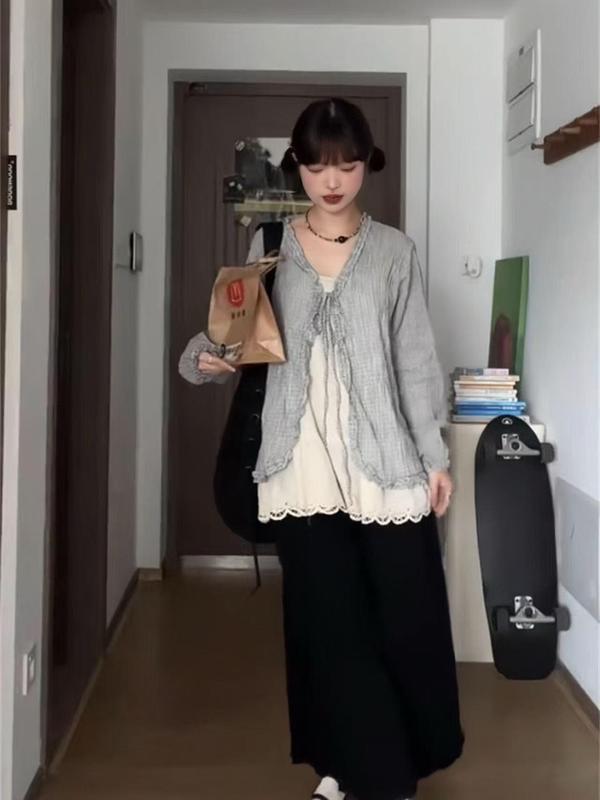2025 新しい夏の韓国スタイルの女性のスーツレトロチェック柄レースアップブラウスサスペンダーカジュアルパンツ 3 点セットトレンディな|undefined