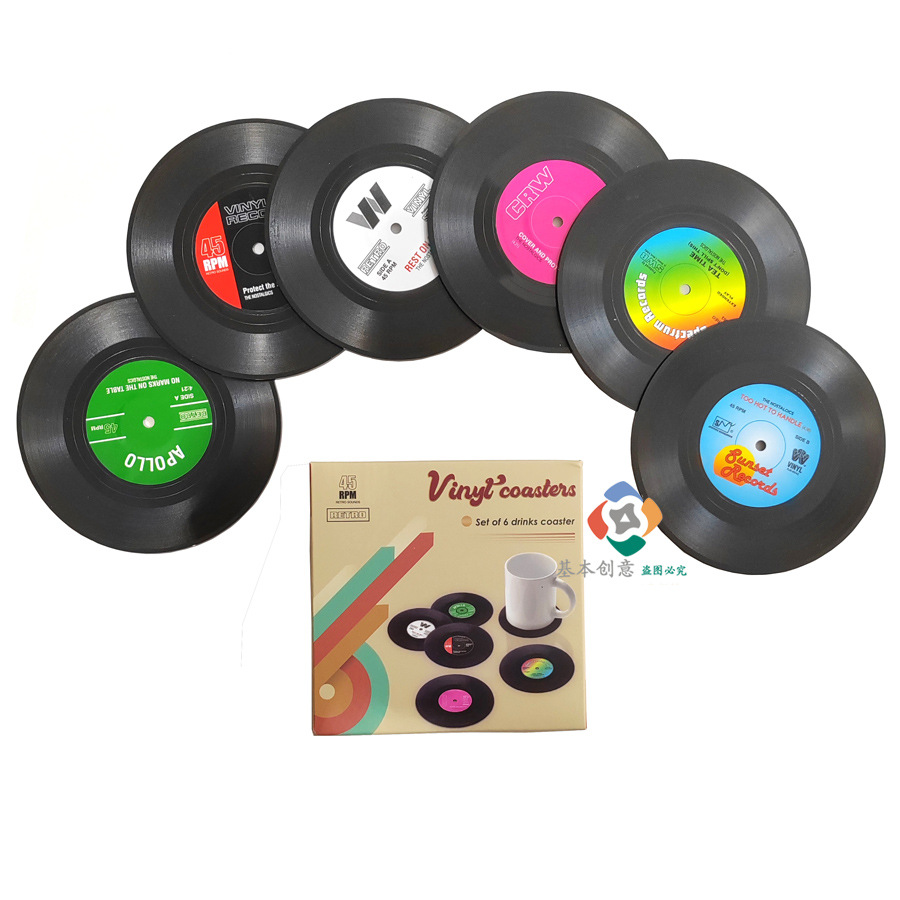 跨境热卖创意唱片杯垫咖啡茶杯垫餐垫圆形防滑硅胶机复古黑胶