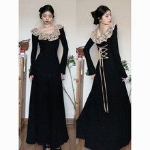 法式2025赫本新款长袖秋冬针织显瘦蕾丝气质长裙黑色连衣裙