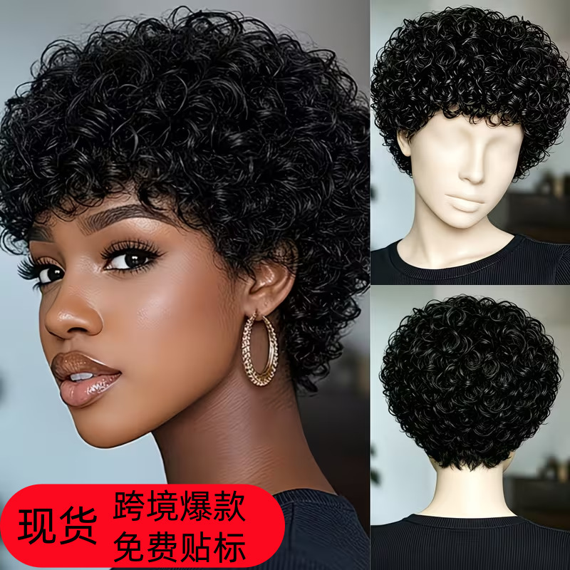 Cross-Border Short Curly Afro Synthetic Wig for Women, African Black Fluffy Curly Hair with Bangs Wig