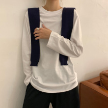 代发纯棉不透宽松长袖t恤女 简约百搭纯色圆领内搭男女同款打底衫