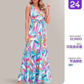 2026跨境夏季新欧美印花显瘦连衣裙收腰中长裙气质通勤露背吊带裙