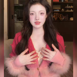 小香风粉色渐变毛衣外套女秋冬季设计感气质短款毛毛针织开衫上衣