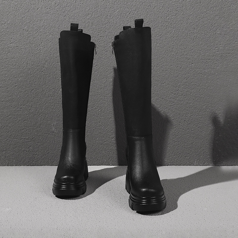 Boot nữ cổ cao ôm bắp chân mũi tròn, đế dày khâu chỉ, gót trong 10 cm — Nhung kaki sâu chi tiết 10