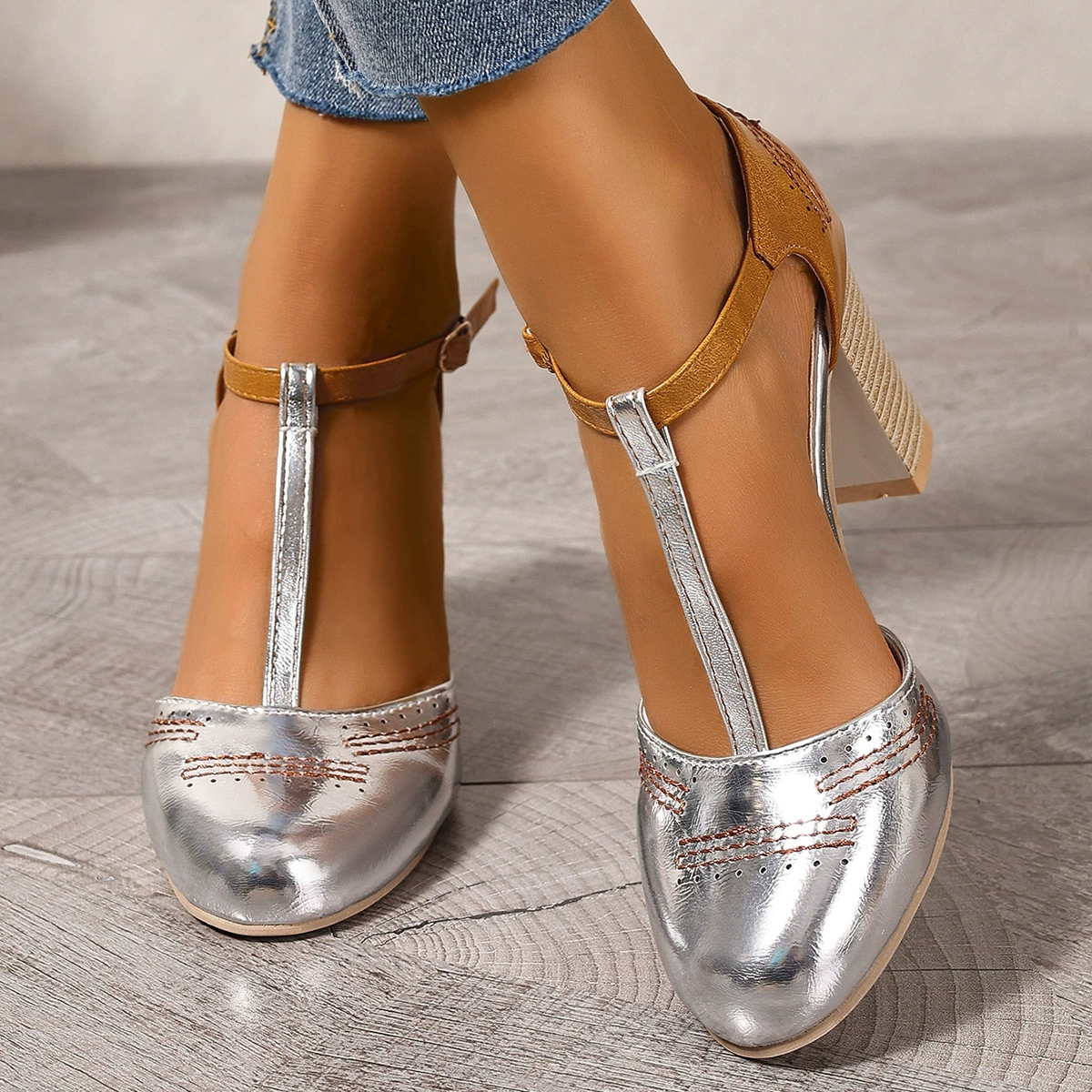 Женские босоножки Wish Independent Station на высоком каблуке, весна-лето 2025, европейский и американский стиль, круглый носок, цветные, Т-образный толстый каблук, большие размеры.