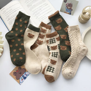 Autumn and Winter Student Girls' Socks Retro Literary Style Mori Japanese Korean Style ins Trendy All-match Breathable Cartoon Bear