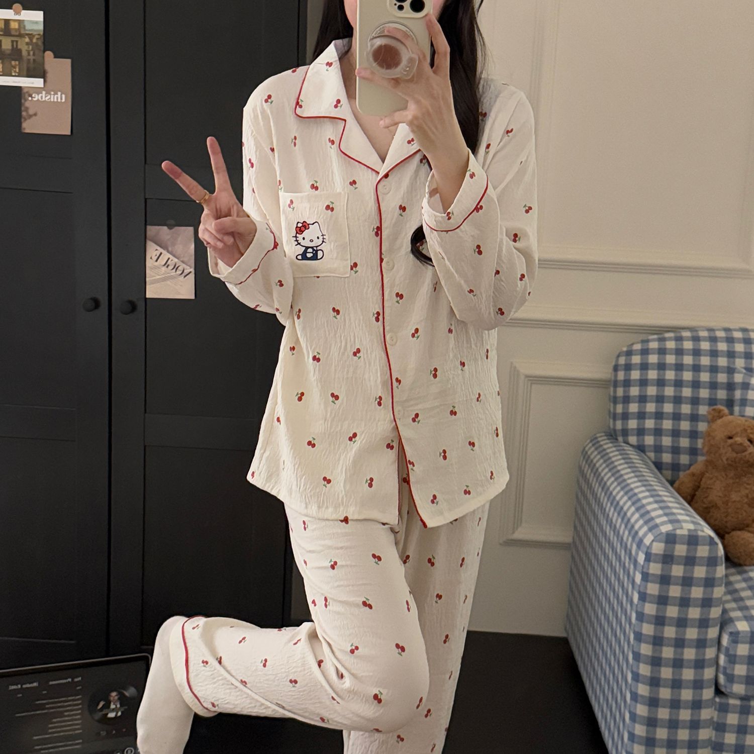 Al por mayor transfronterizo primavera y otoño nuevo pijama de mujer nubes de algodón pantalones de manga larga dulce dibujos animados se puede usar ropa de casa conjunto