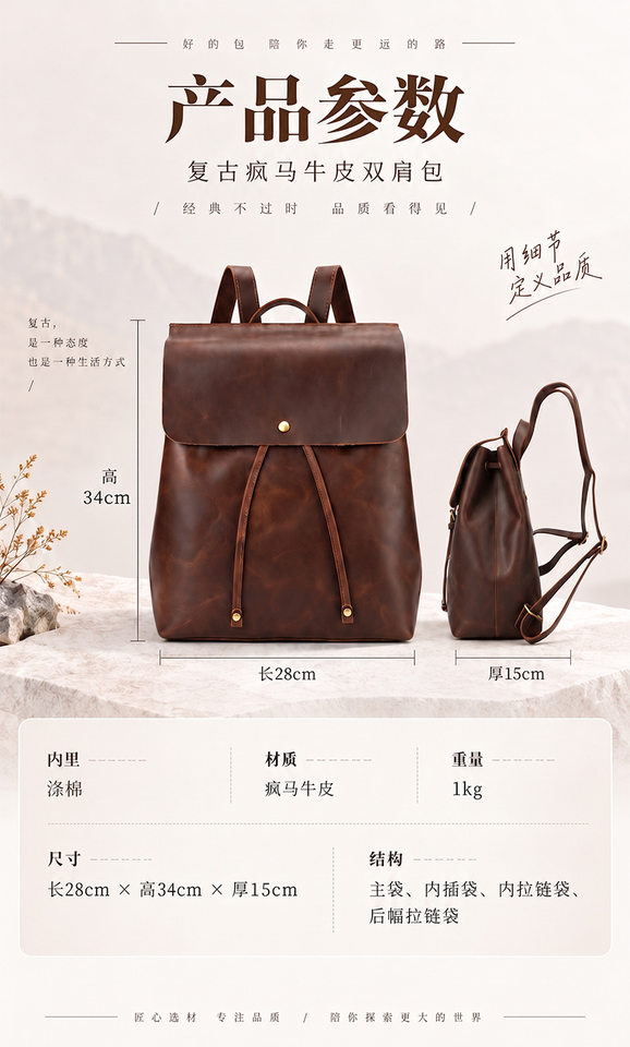 Ba lô nữ da bò thật 28×15×34 cm phong cách tối giản, đựng vừa máy tính bảng — Cà phê sâu chi tiết 9