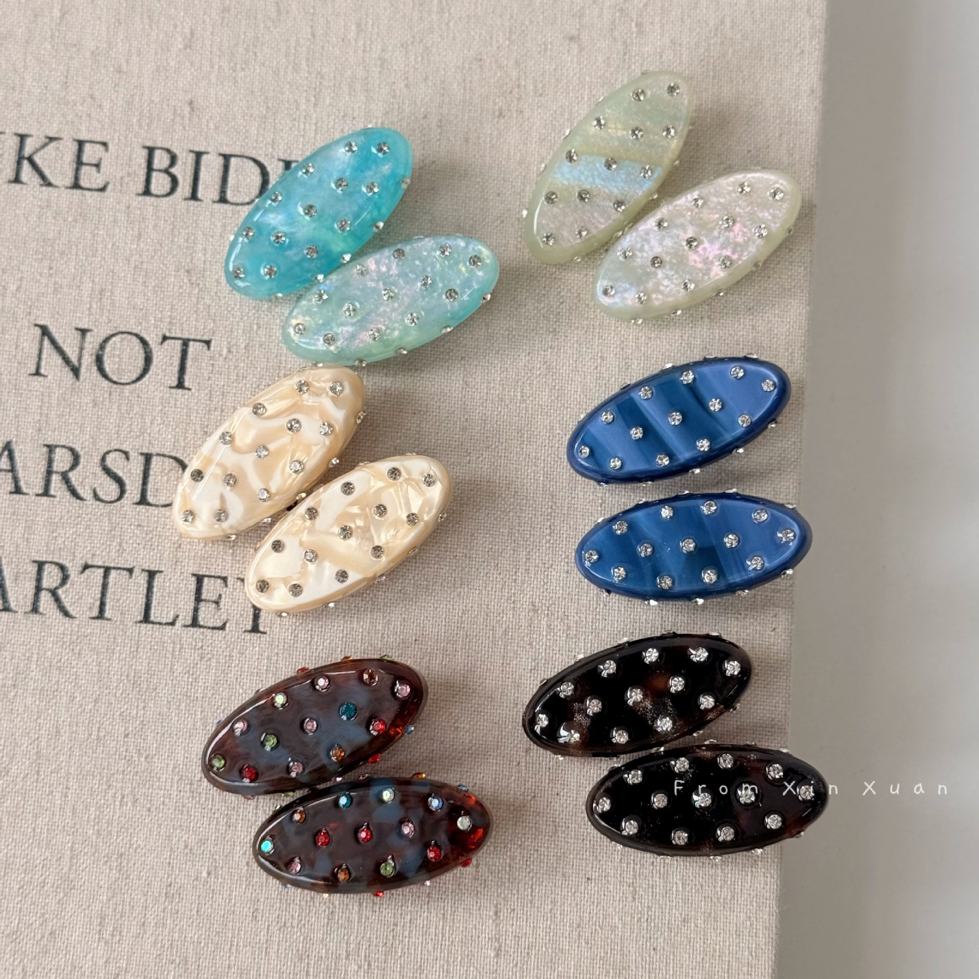 韩版椭圆醋酸水钻高级感发夹鸭嘴夹时尚设计感边夹侧边刘海夹子