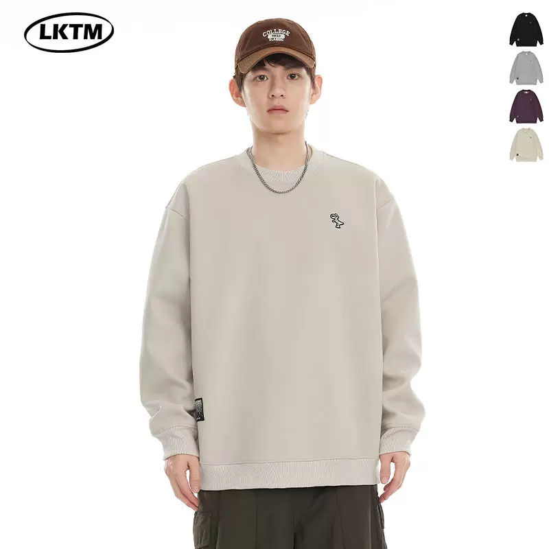 LKTM男装#日系简约纯色圆领卫衣男女潮牌刺绣休闲宽松打底衫上衣