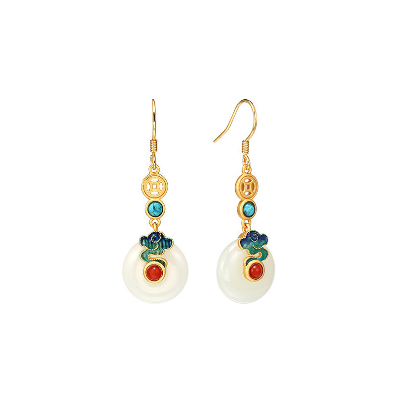 Style Ethnique Rond Le Cuivre Incruster Turquoise Jade Boucles D'oreilles 1 Paire display picture 4