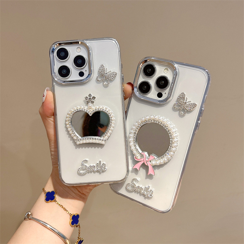 蝴蝶珍珠圆镜子适用MotorolaG85手机壳摩托罗拉Edge50pro电镀镜框