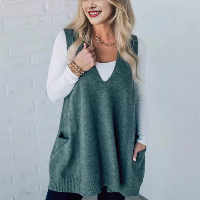 In-Stock European and American Cross-Border Amazon Autumn and Winter New V-Neck Casual Loose Knit Sweater Vest for Women with Pockets