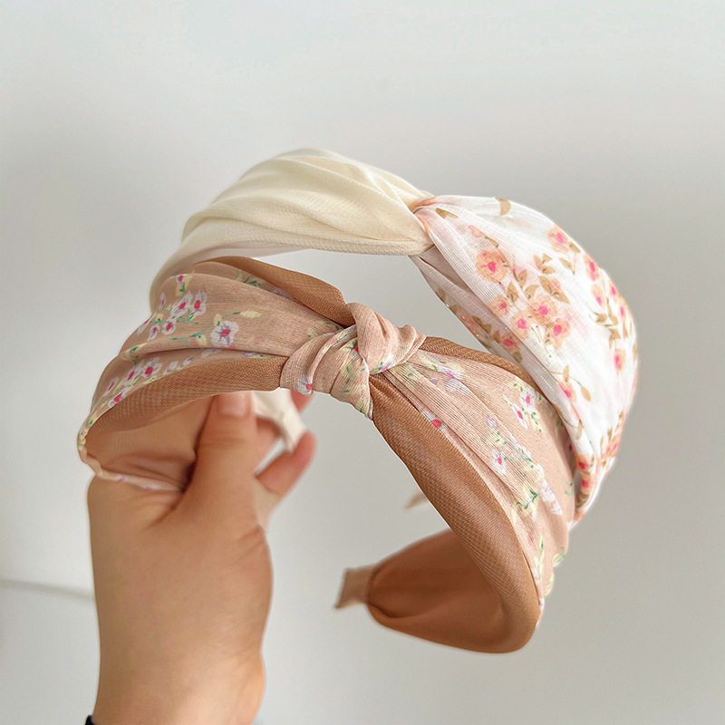 Elegant and delicate floral print hairband, simple and versatile, wide edge, knotted hair accessory, cross hair ornament, wholesale hair accessories.