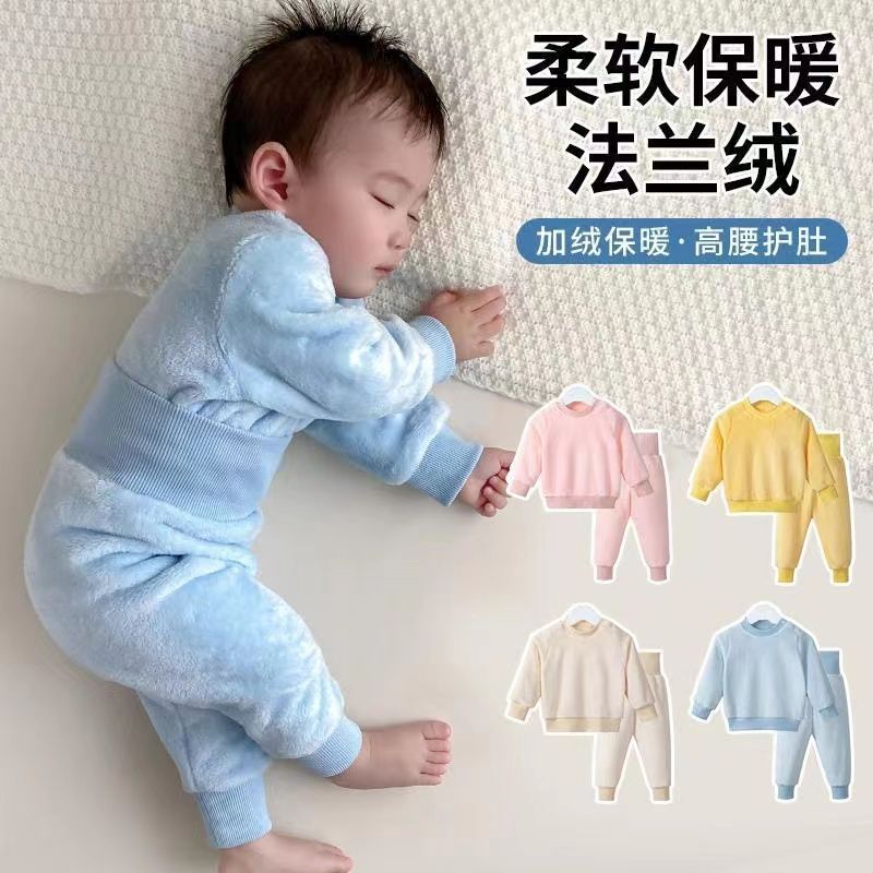 Cross-border winter baby clothing flannel warm set, autumn and winter baby boys and girls thickened fleece pajamas 0-3 years old