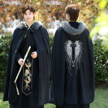 原创汉服男凤羽黑色长款刺绣披风秋冬保暖加绒加厚连帽斗篷