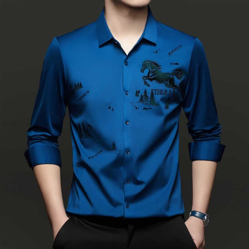 New Spring and Autumn Men's Fully Seamless Long-Sleeved Shirts High-Quality No-Iron Casual Men's Horse Flocking Shirts for Men