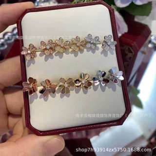 梵家迷你三叶草耳钉镀18k玫瑰金轻奢光面满钻高级感三花瓣耳饰ins